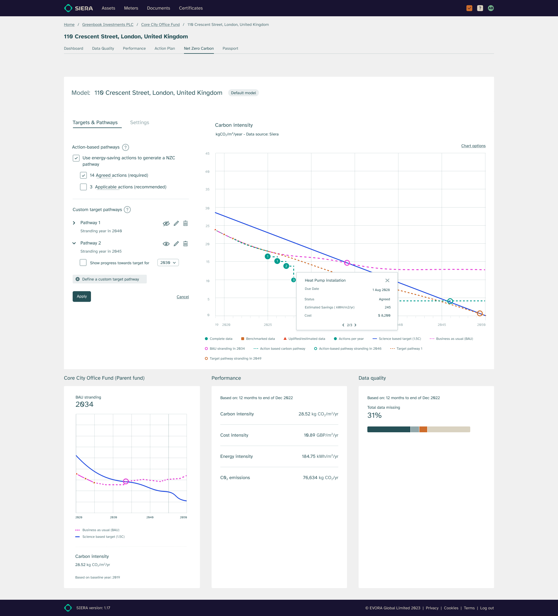 Asset Level NZC — Action popup with Heat Pump Installation detail