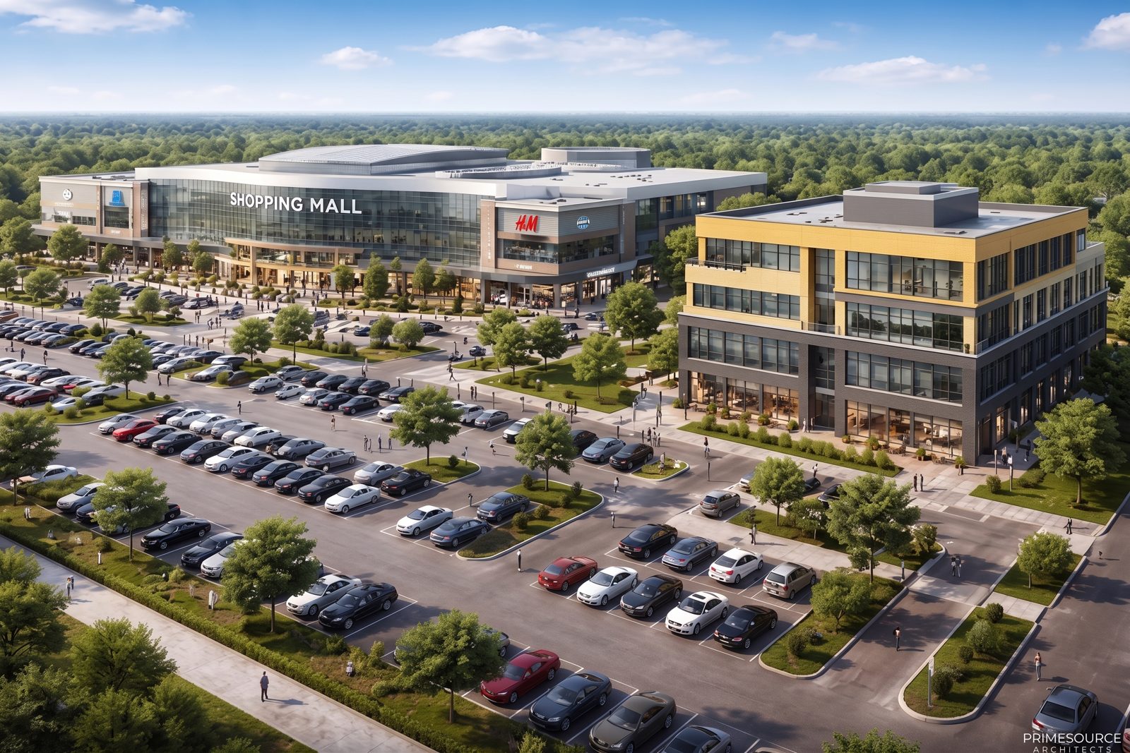 Green retail park asset: a shopping mall and an office building with shared parking