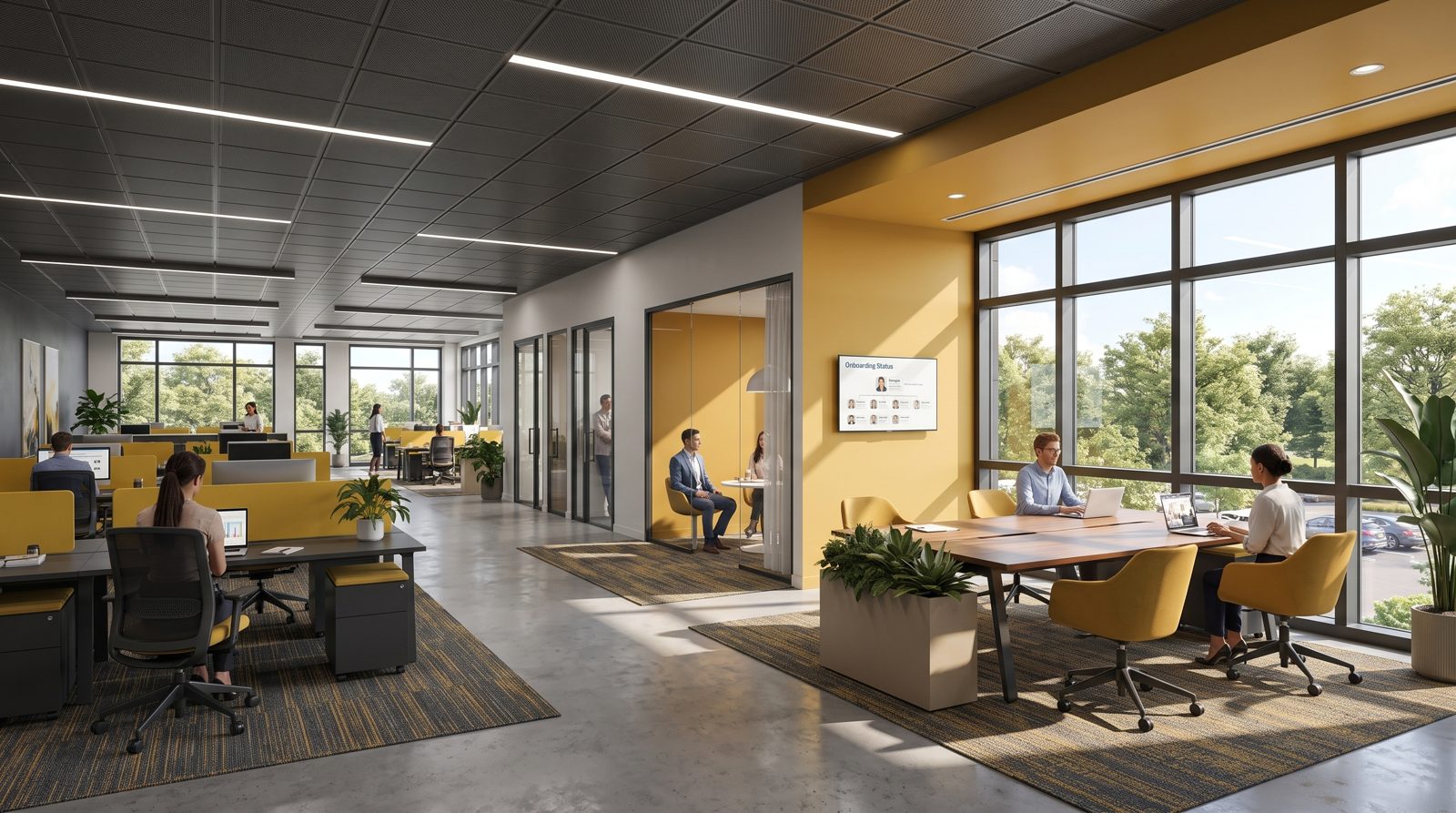 Inside the office building: open-plan office floor