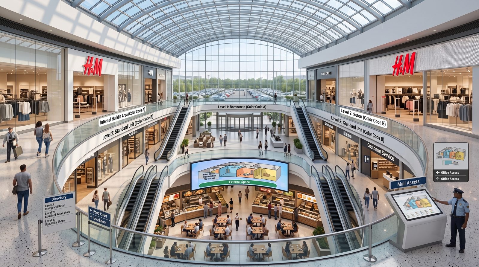 Inside the shopping mall: retail floor across two levels