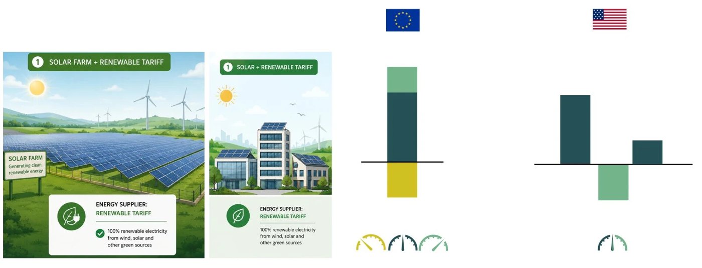 Scenario 1: solar on a renewable tariff, EU stacked bar vs US waterfall