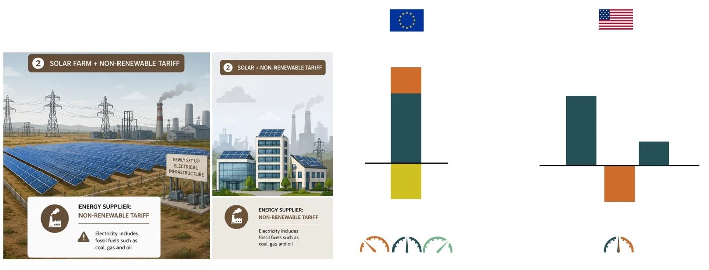 Scenario 2: solar on a non-renewable tariff, EU stacked bar vs US waterfall