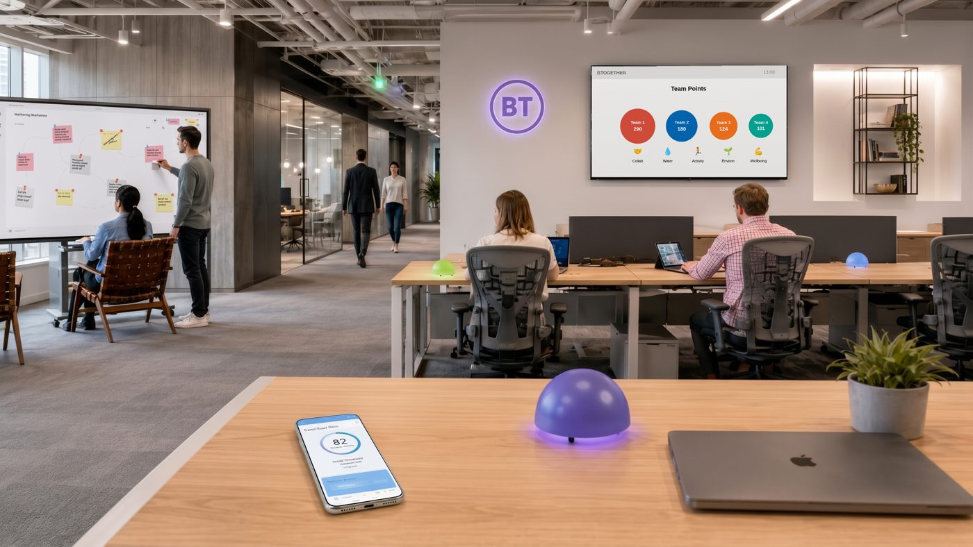 BTogether desk device glowing purple beside a phone, with a team screen on the wall