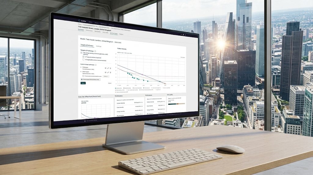 SIERA Net Zero Carbon pathways on a desktop monitor overlooking a city