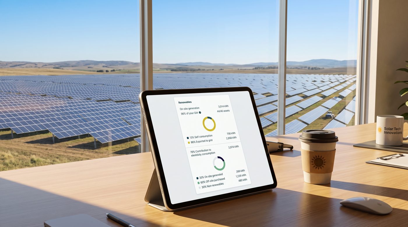 SIERA Renewables card on a tablet in front of a solar farm